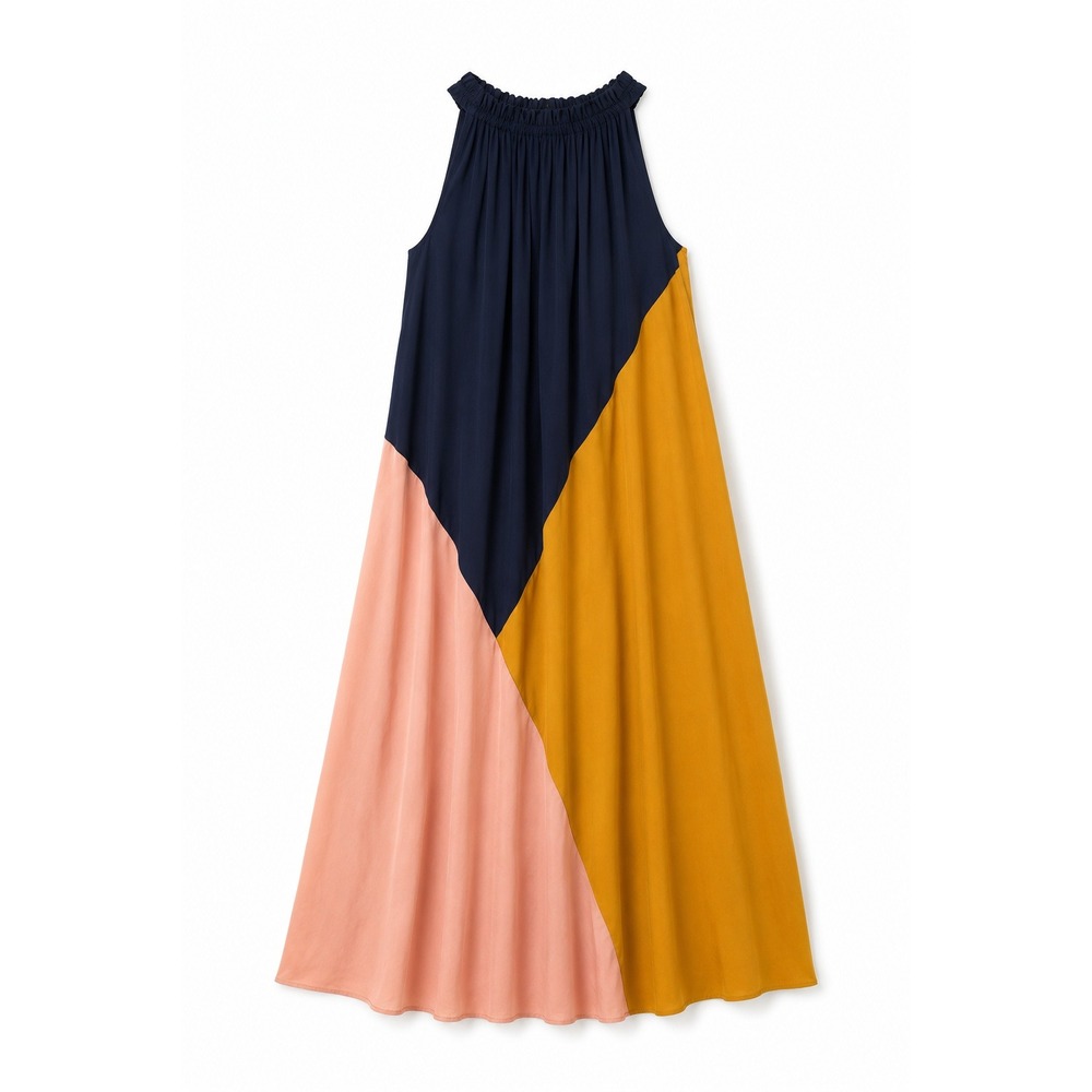 Loft Womens Colorblock Halter Midi Dress Navy Blue Mustard Peach Size M NEW - Picture 2 of 9